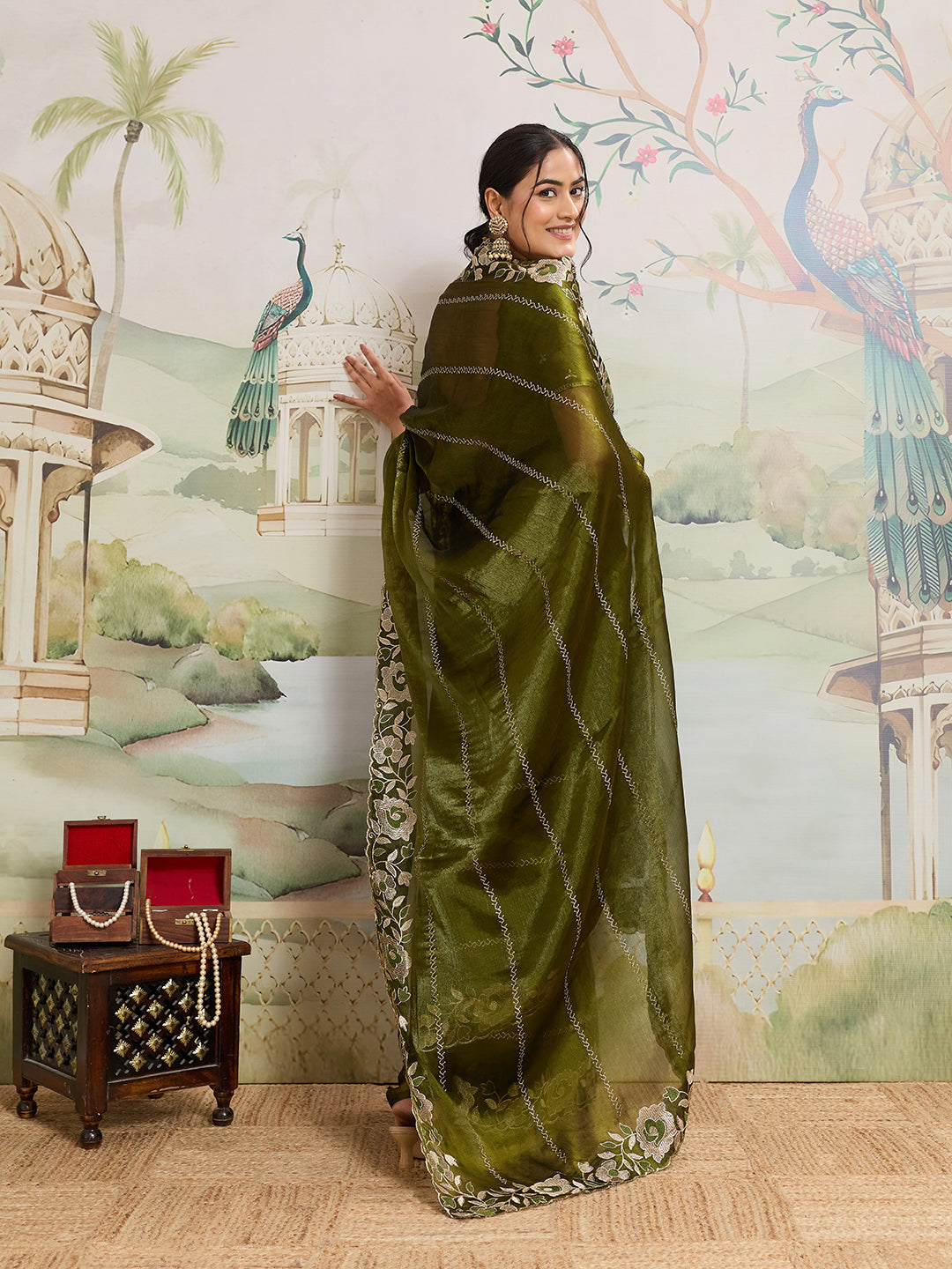 Green Embroidered Jimmy Choo Organza Party Wear Saree with Blouse