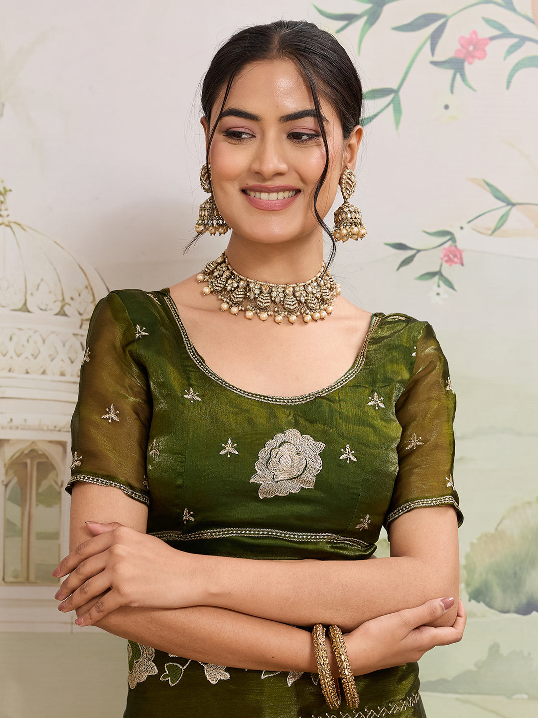 Green Embroidered Jimmy Choo Organza Party Wear Saree with Blouse