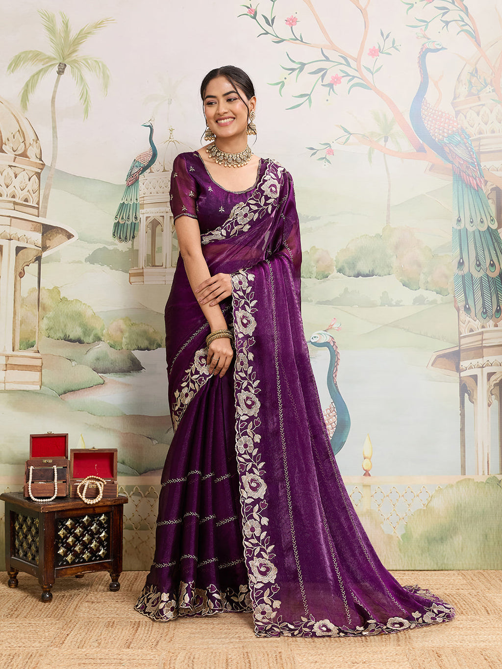 Purple Embroidered Jimmy Choo Organza Party Wear Saree