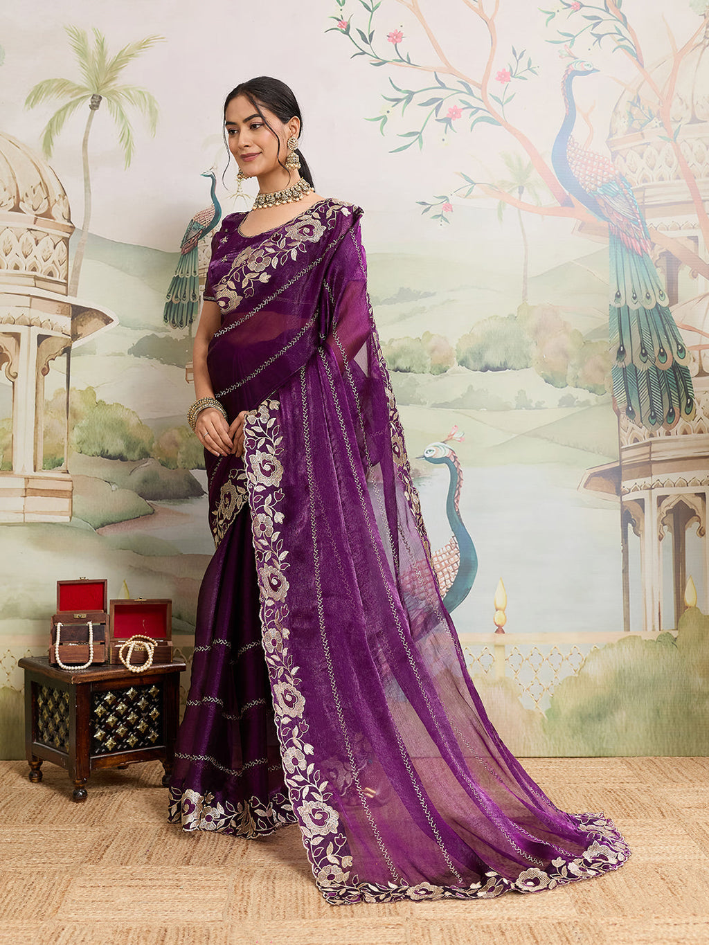 Purple embroidered Jimmy Choo Organza party wear saree with unstitched blouse