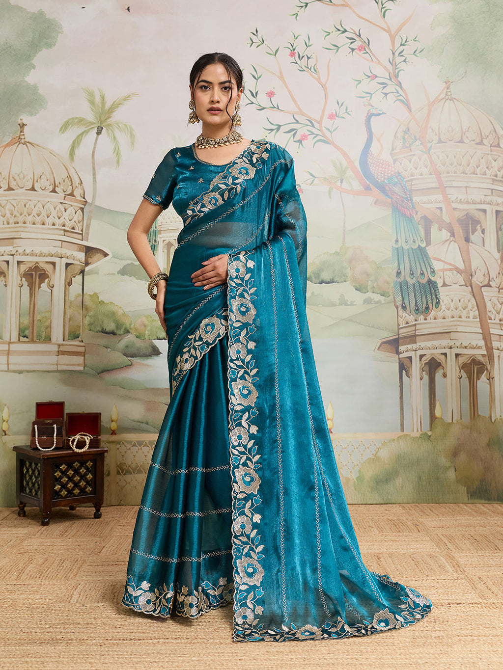 Rama Party Wear Embroidered Jimmy Choo Organza Saree Set