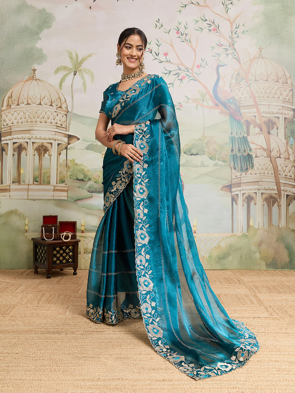 Rama Party Wear Embroidered Jimmy Choo Organza Saree Set