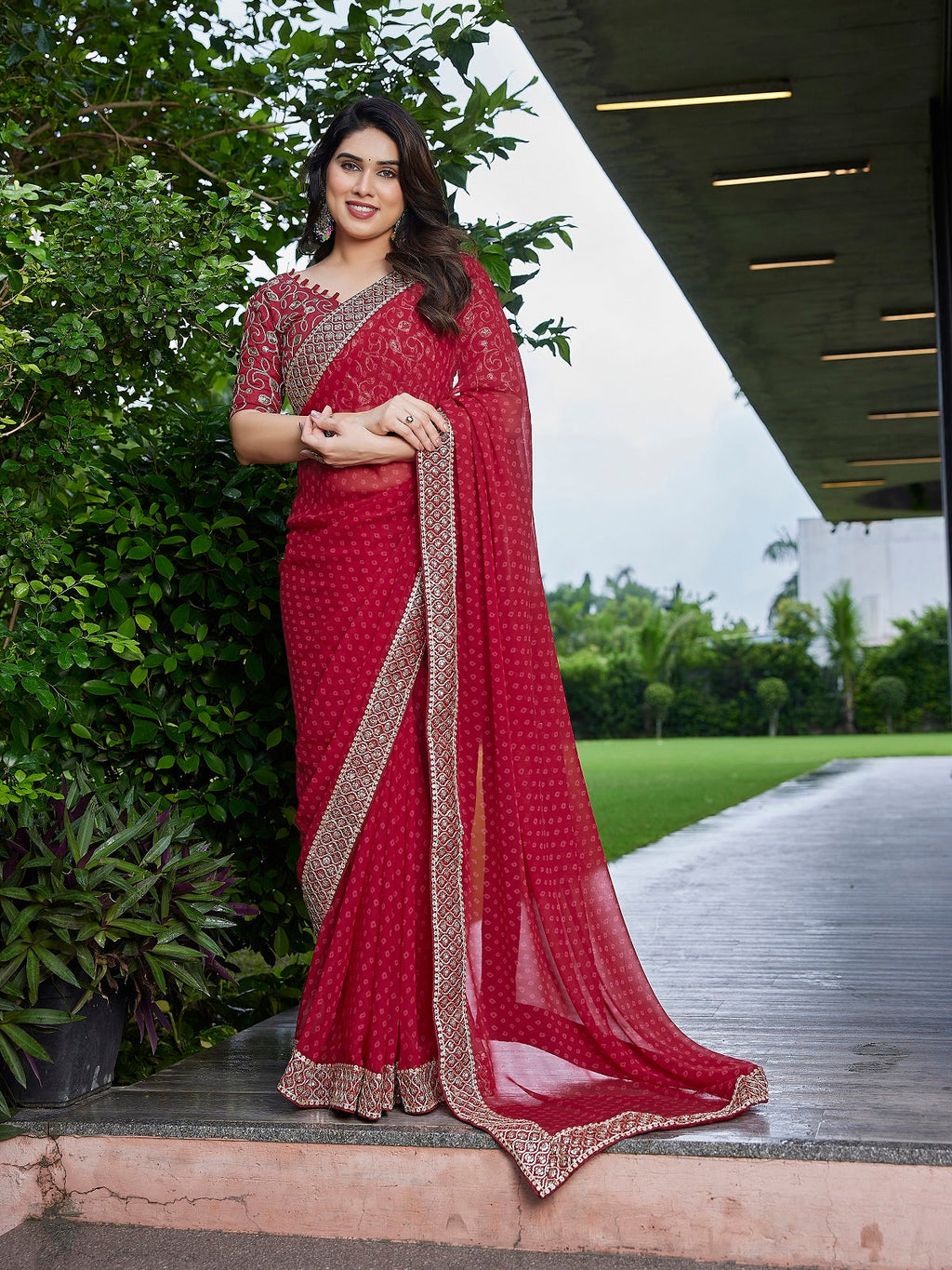 Dark Maroon Embroidered Georgette Saree with Unstitched Blouse