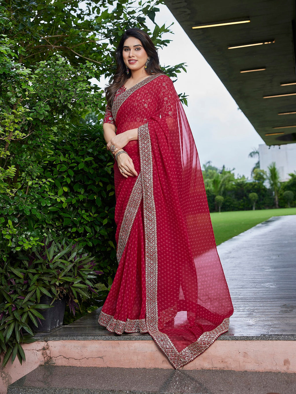 Dark Maroon Embroidered Georgette Saree with Unstitched Blouse