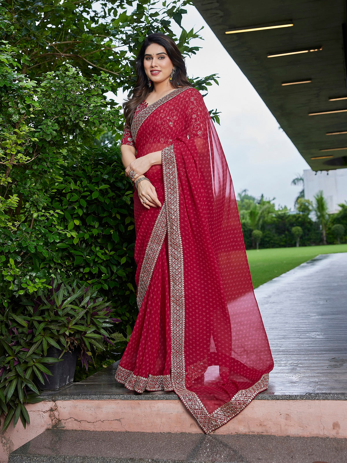 Dark Maroon Embroidered Georgette Saree with Unstitched Blouse