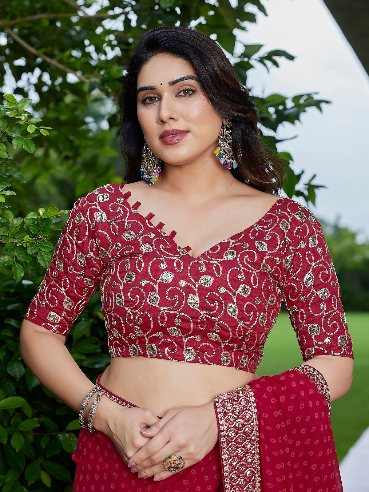 Dark Maroon Embroidered Georgette Saree with Unstitched Blouse