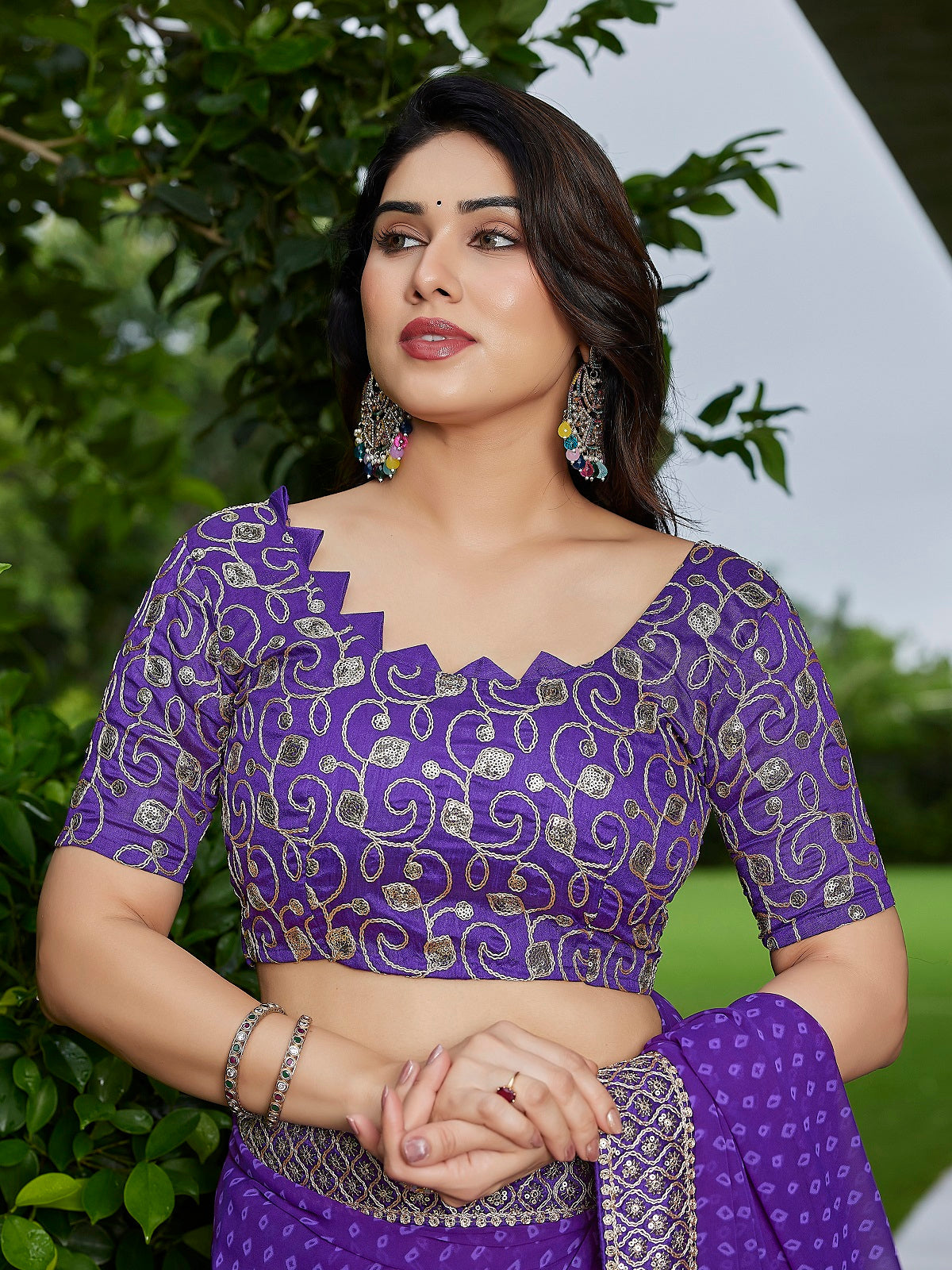 Purple Embroidered Georgette Party Wear Saree
