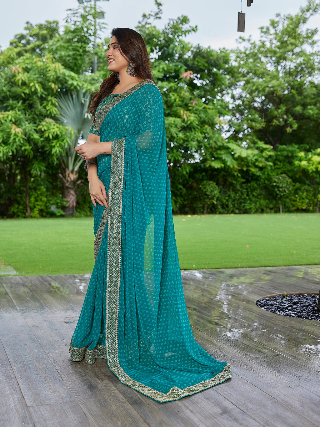 Turquoise Blue Embroidered Georgette Party Wear Saree