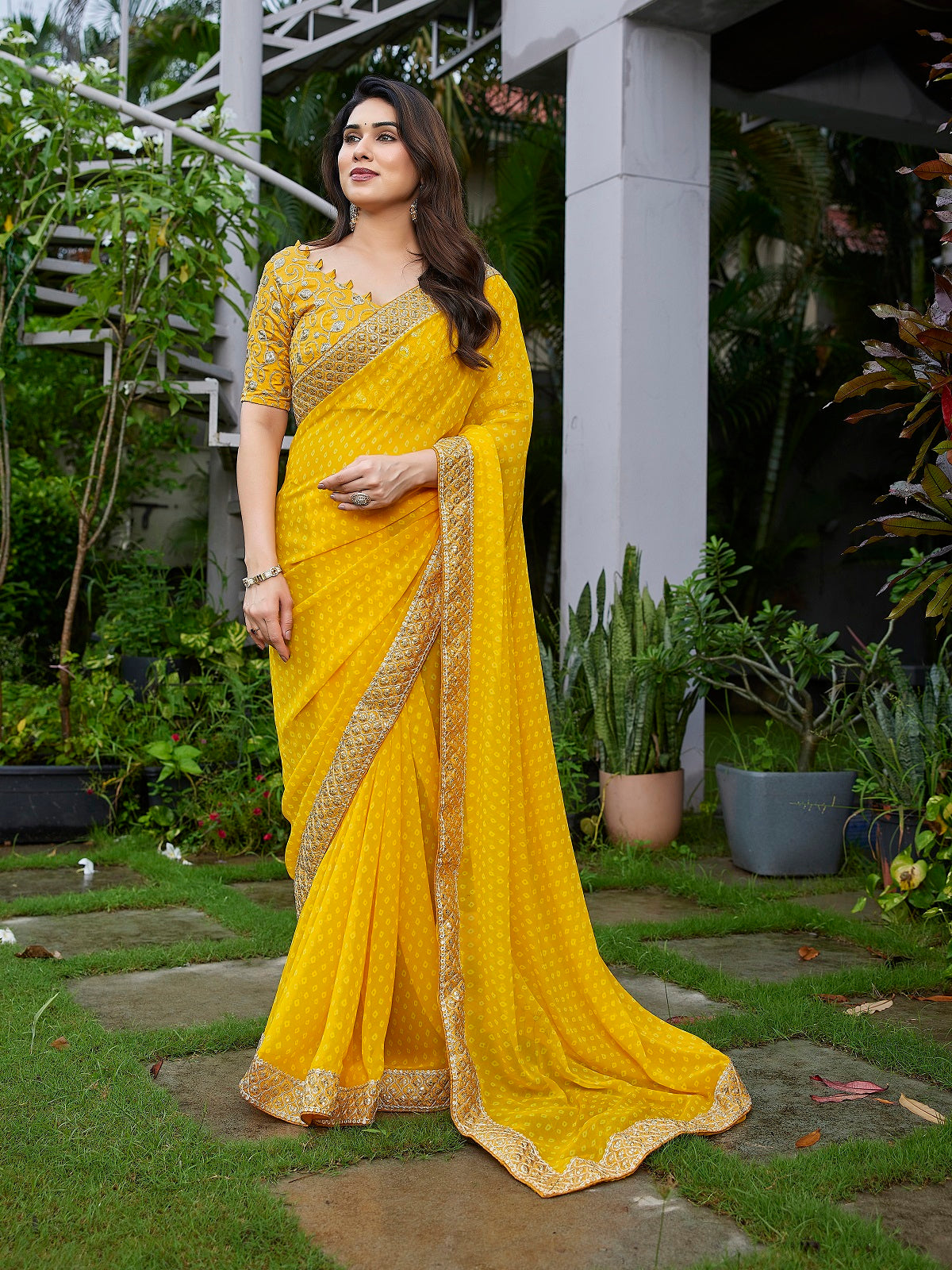 Yellow Embroidered Georgette Party Wear Saree with Unstitched Blouse