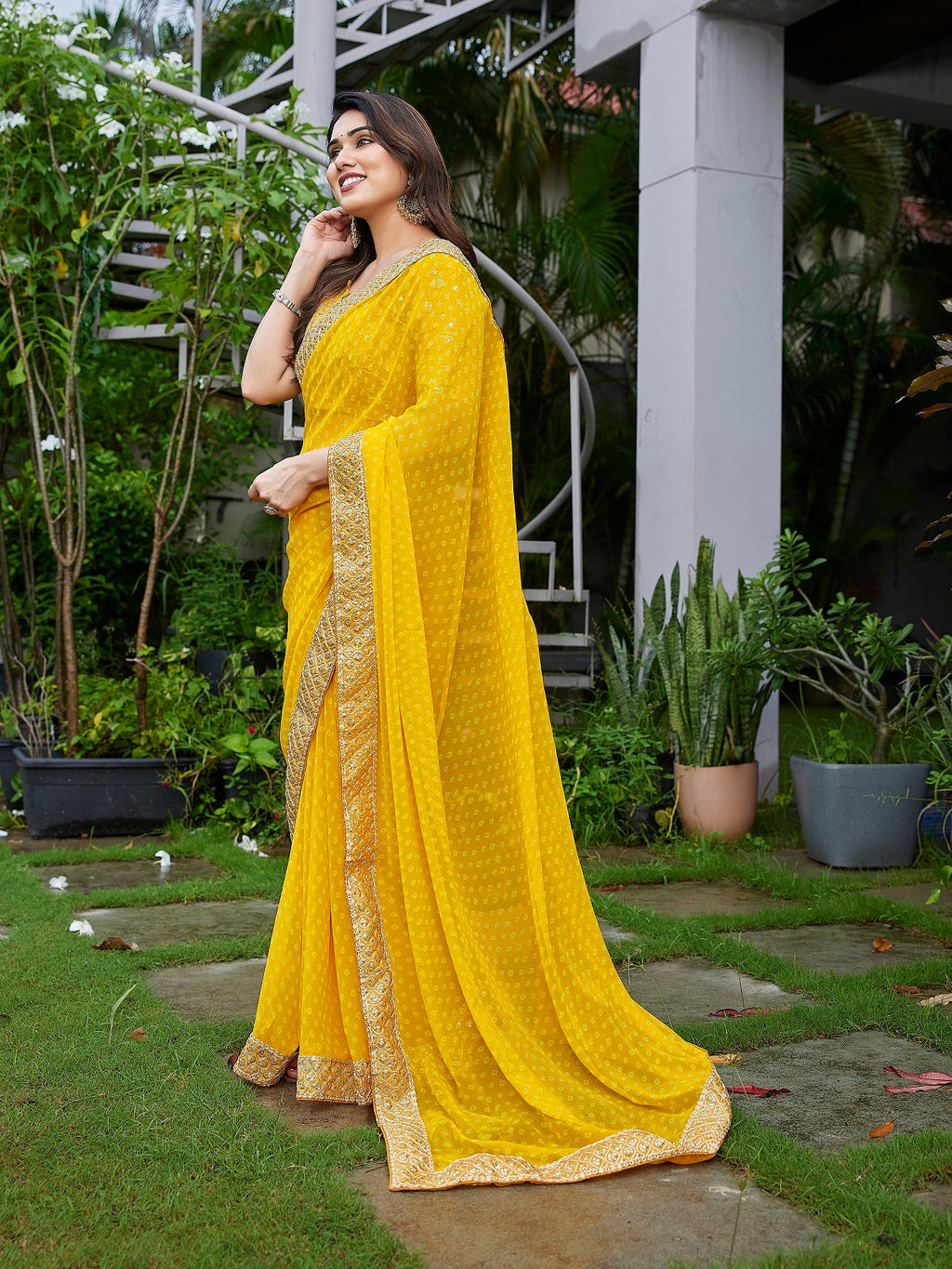 Yellow Embroidered Georgette Party Wear Saree with Unstitched Blouse