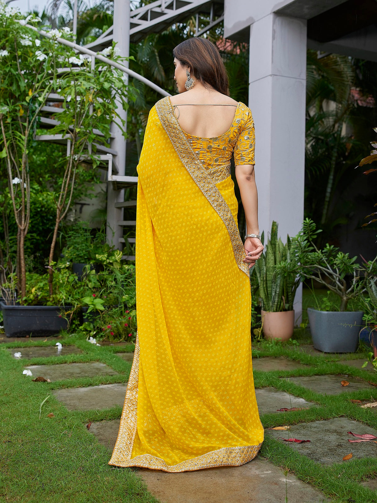 Yellow Embroidered Georgette Party Wear Saree with Unstitched Blouse