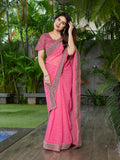 A stunning pink embroidered Georgette party wear saree with an unstitched blouse piece.