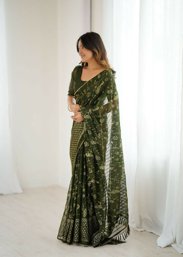 Mehendi Georgette Saree with Foil Work and Zalar Lace Border