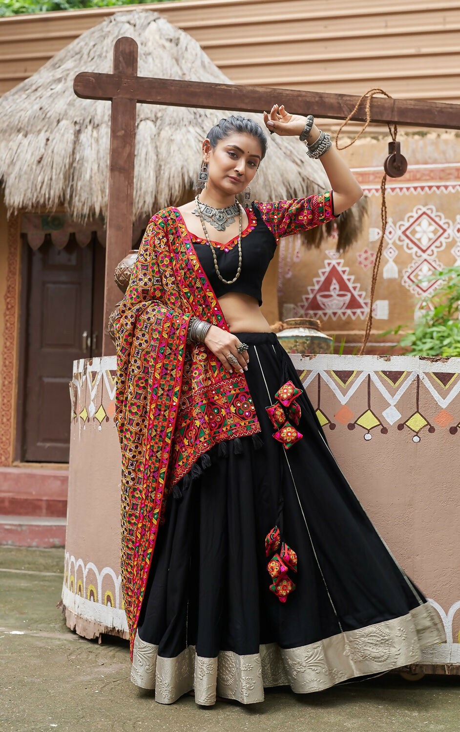Black Viscose Rayon Designer Navratri Lehenga Choli