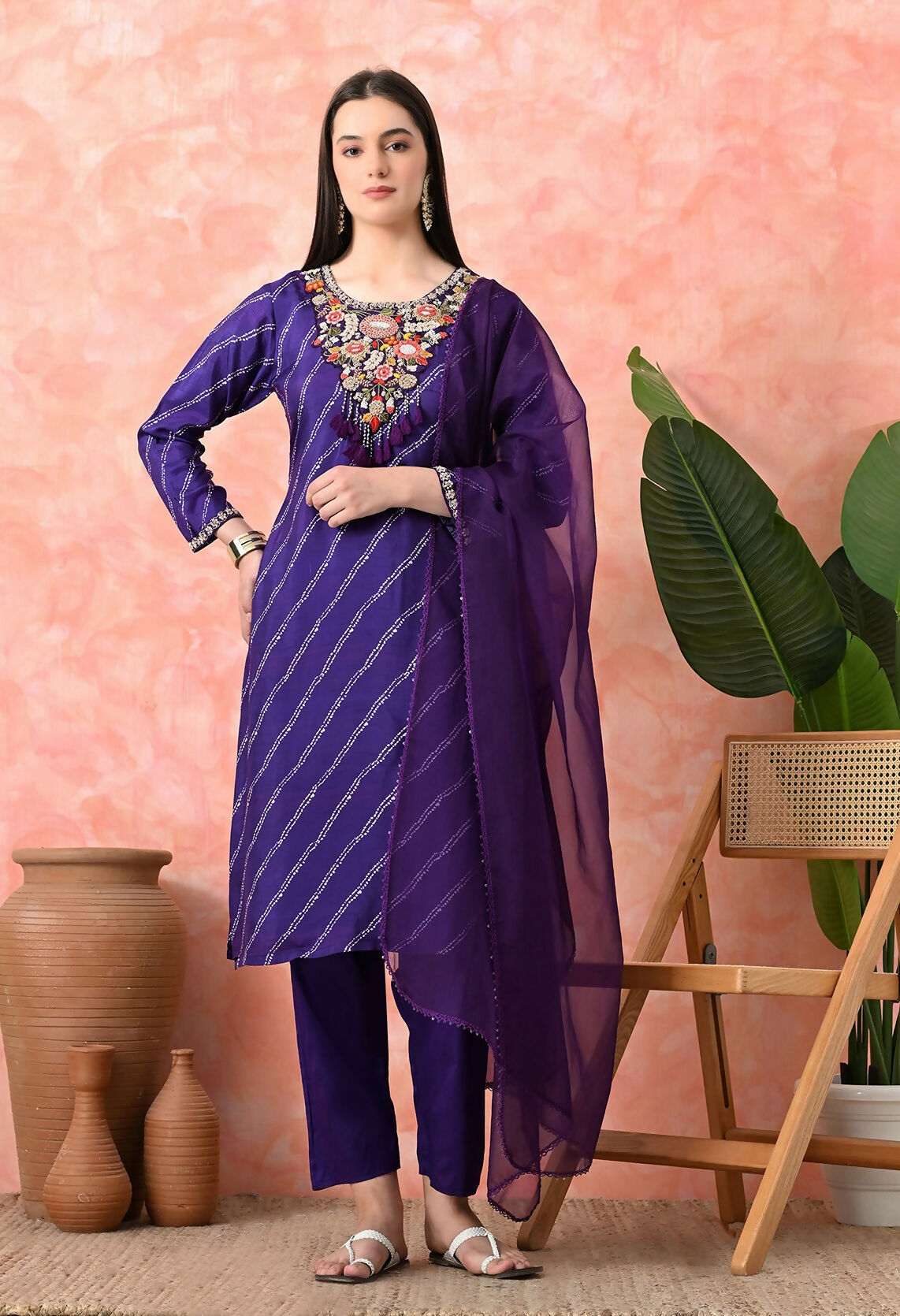 Purple premium pure viscose dola printed kurta set with handwork and jam satin pants