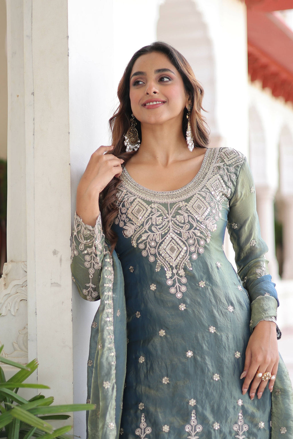 Joban Fashion Grey Readymade Kurta Set With Sequence embroidery Work