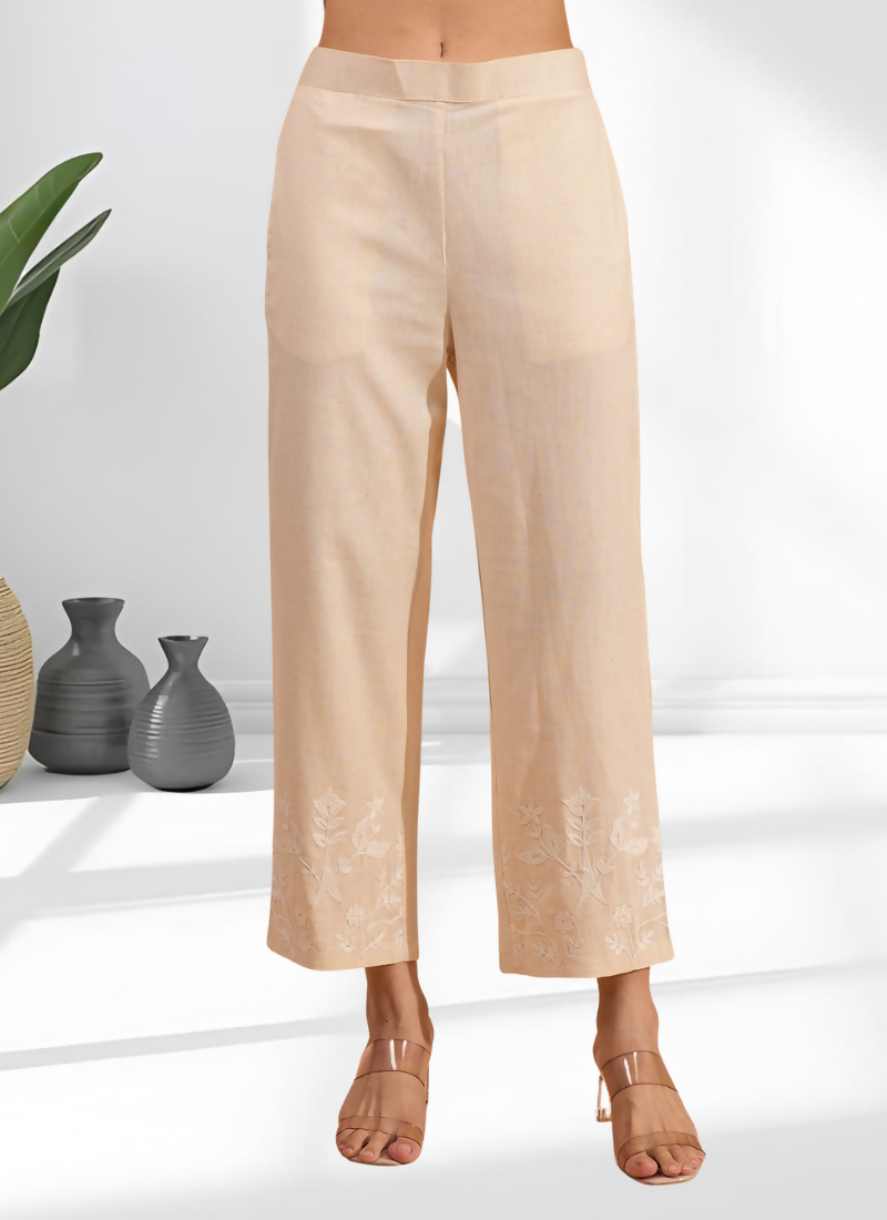 Cream Linen Embroidered Cord Set with Split V-Neck