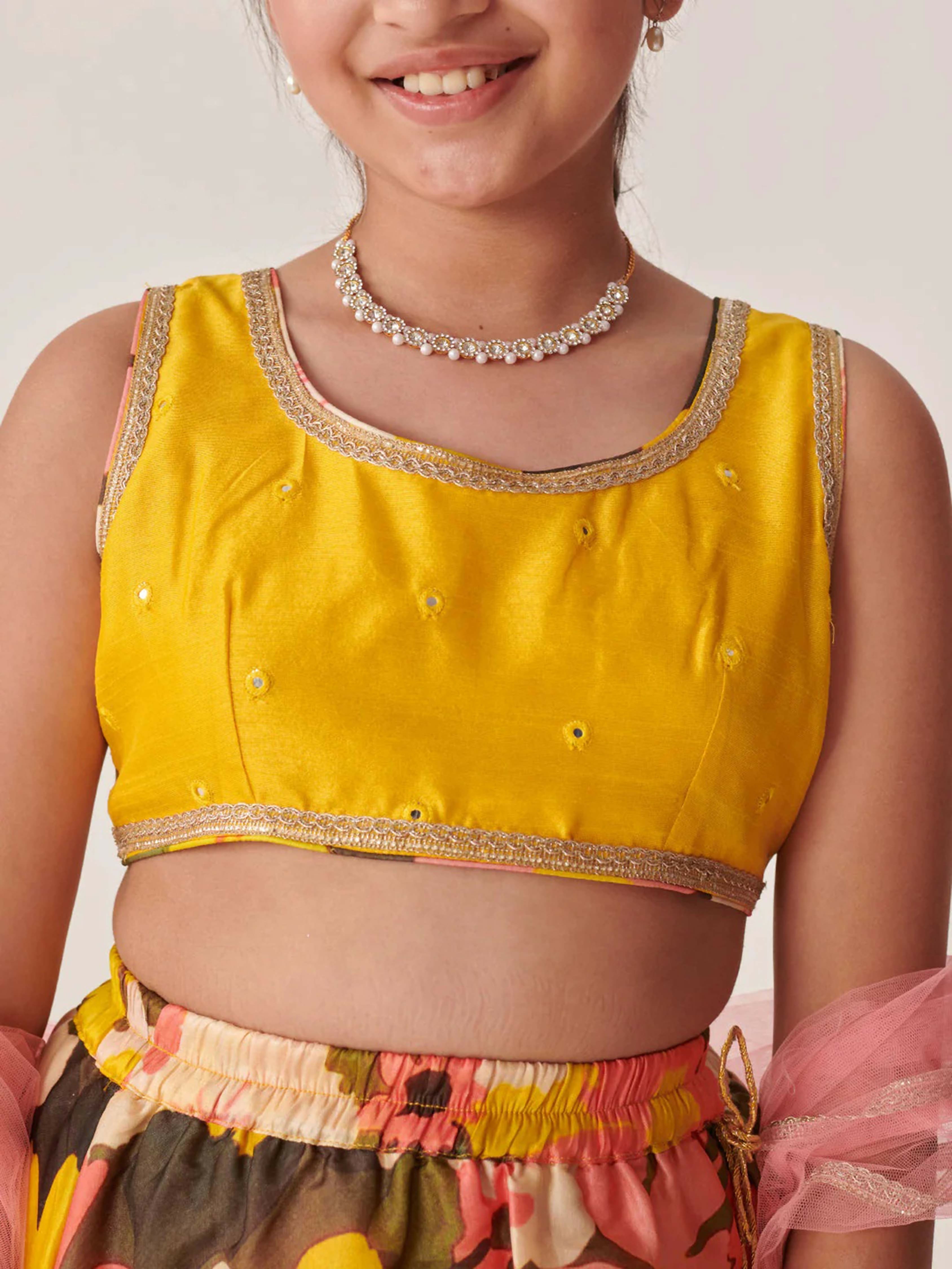 Girl's Yellow Lehenga Choli Set with Silk Blend and Net