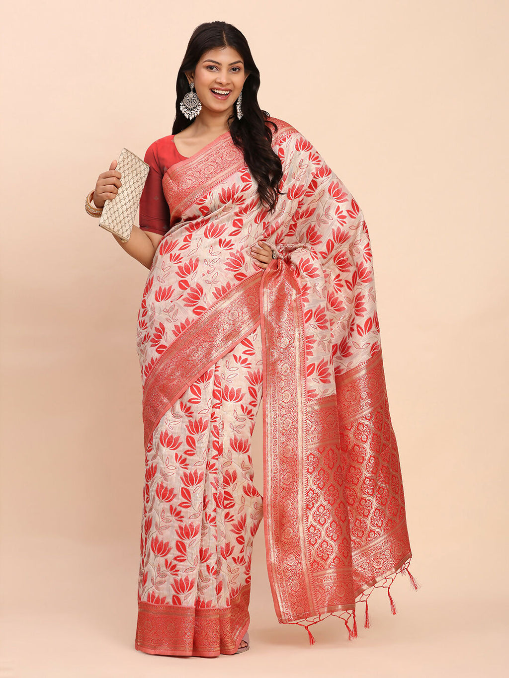 Red Linen Cotton Saree with Matching Blouse Piece