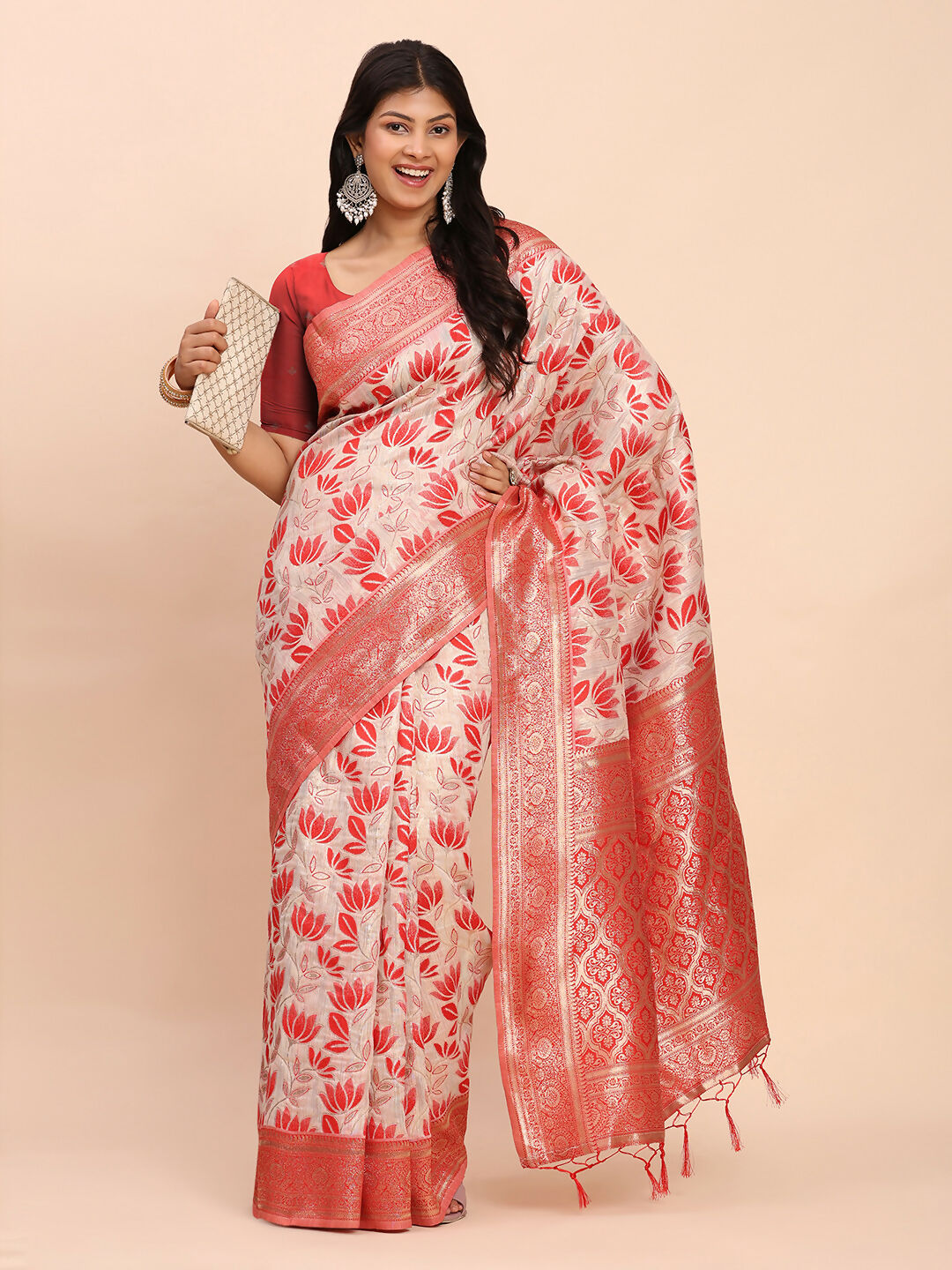 Red Linen Cotton Saree with Matching Blouse Piece