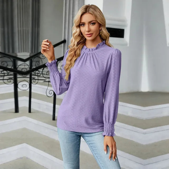 Women's Long Sleeve Blouse with Ruffled Neck and Smocked Cuffs
