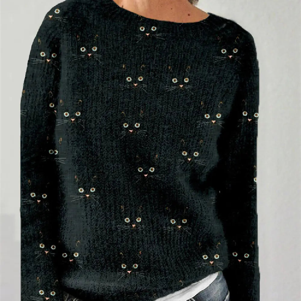 Women's Cat Print Pullover Sweater Long Sleeve Cozy Knit Top - Image 9