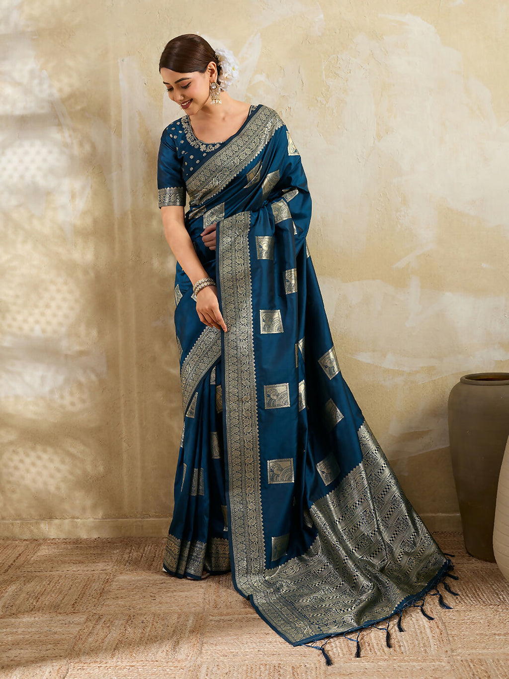 Beautiful teal blue silk blend saree with matching blouse fabric