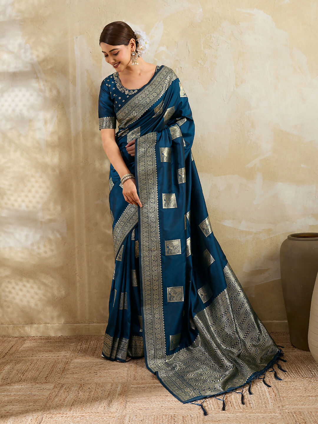 Beautiful teal blue silk blend saree with matching blouse fabric