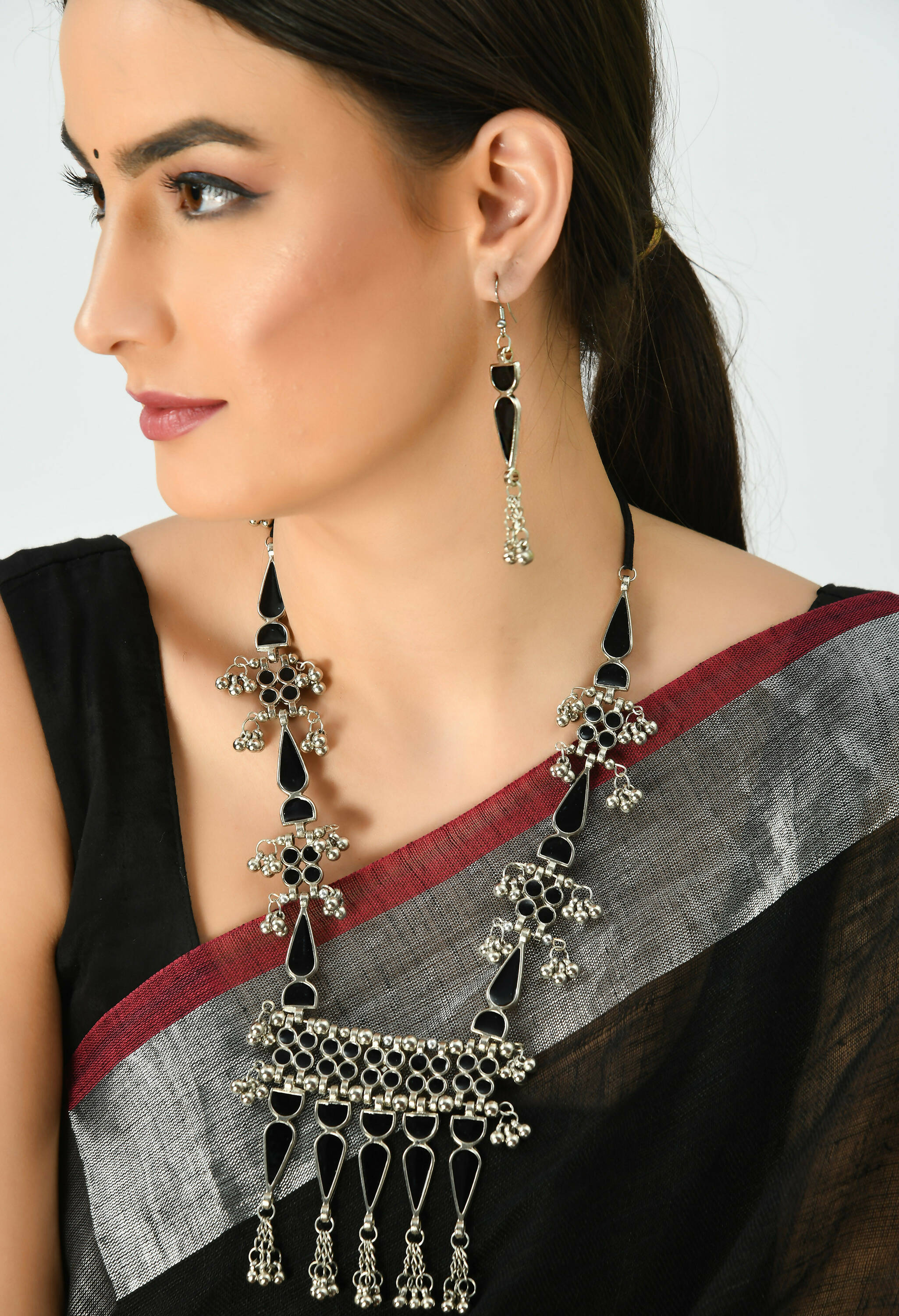 Oxidised Silver-Plated Meenakari Long Necklace Set
