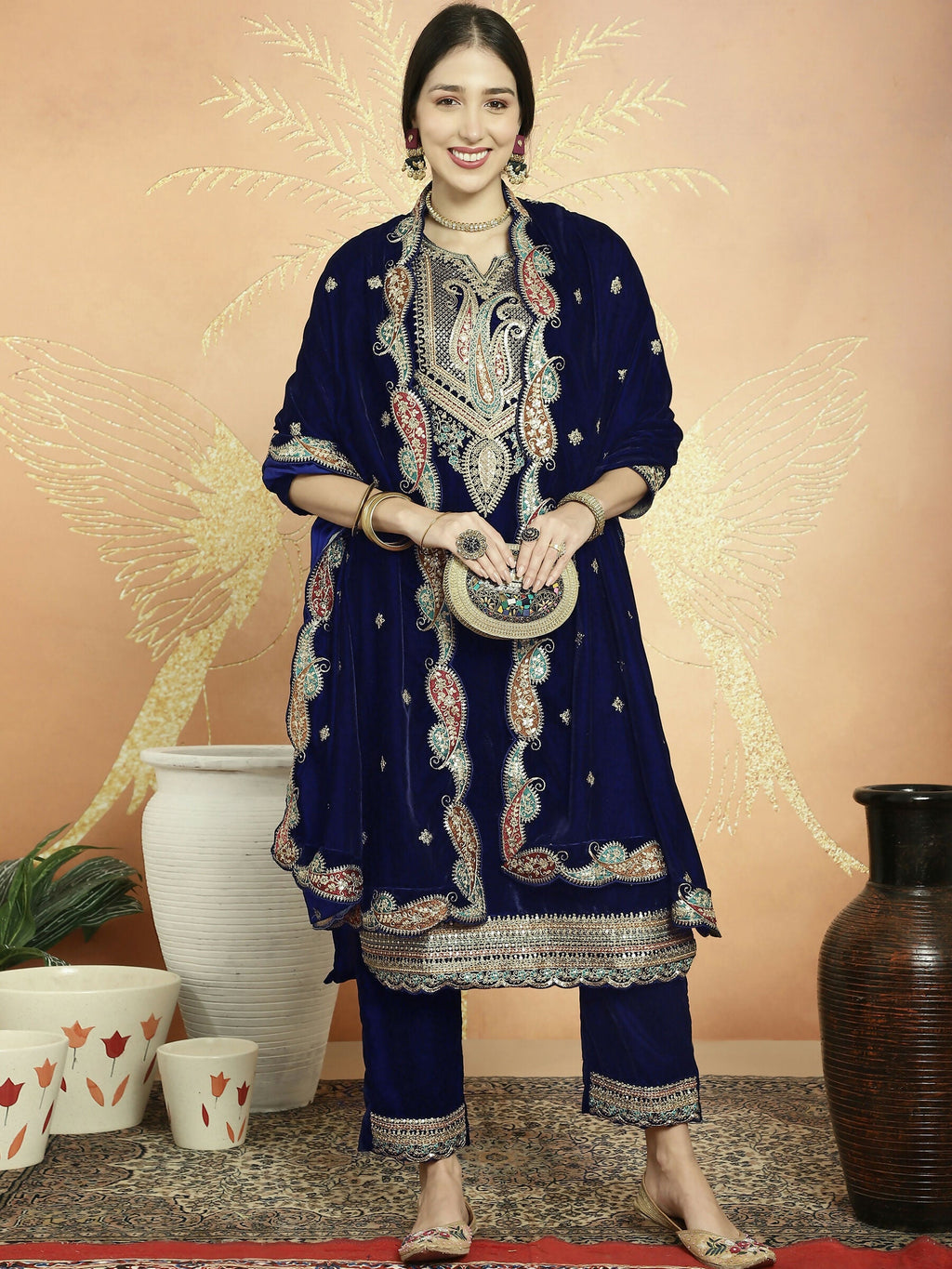 Navy Blue Velvet Straight Kurta Set with Sequin & Resham Thread