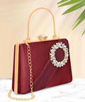 Maroon luxurious satin evening clutch with a detachable metal chain strap