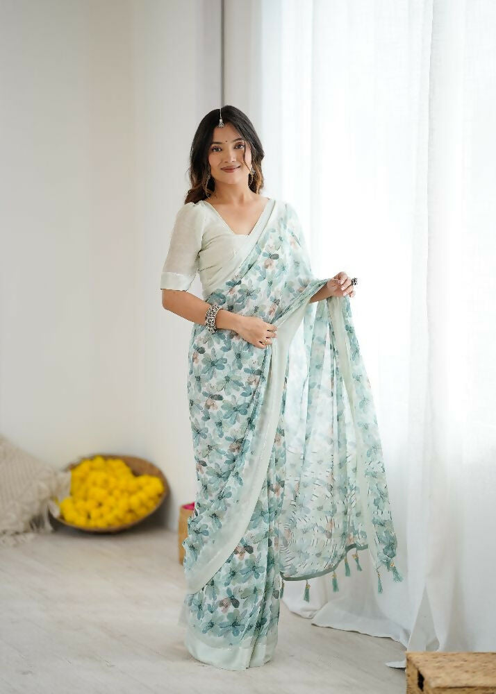 See_Green Bright Moss Satin Patta Printed Saree with Blouse