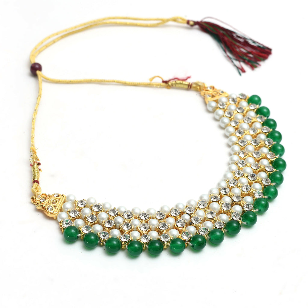 Gold-Plated Rani Haar Long Necklace with Cream and Green Pearls