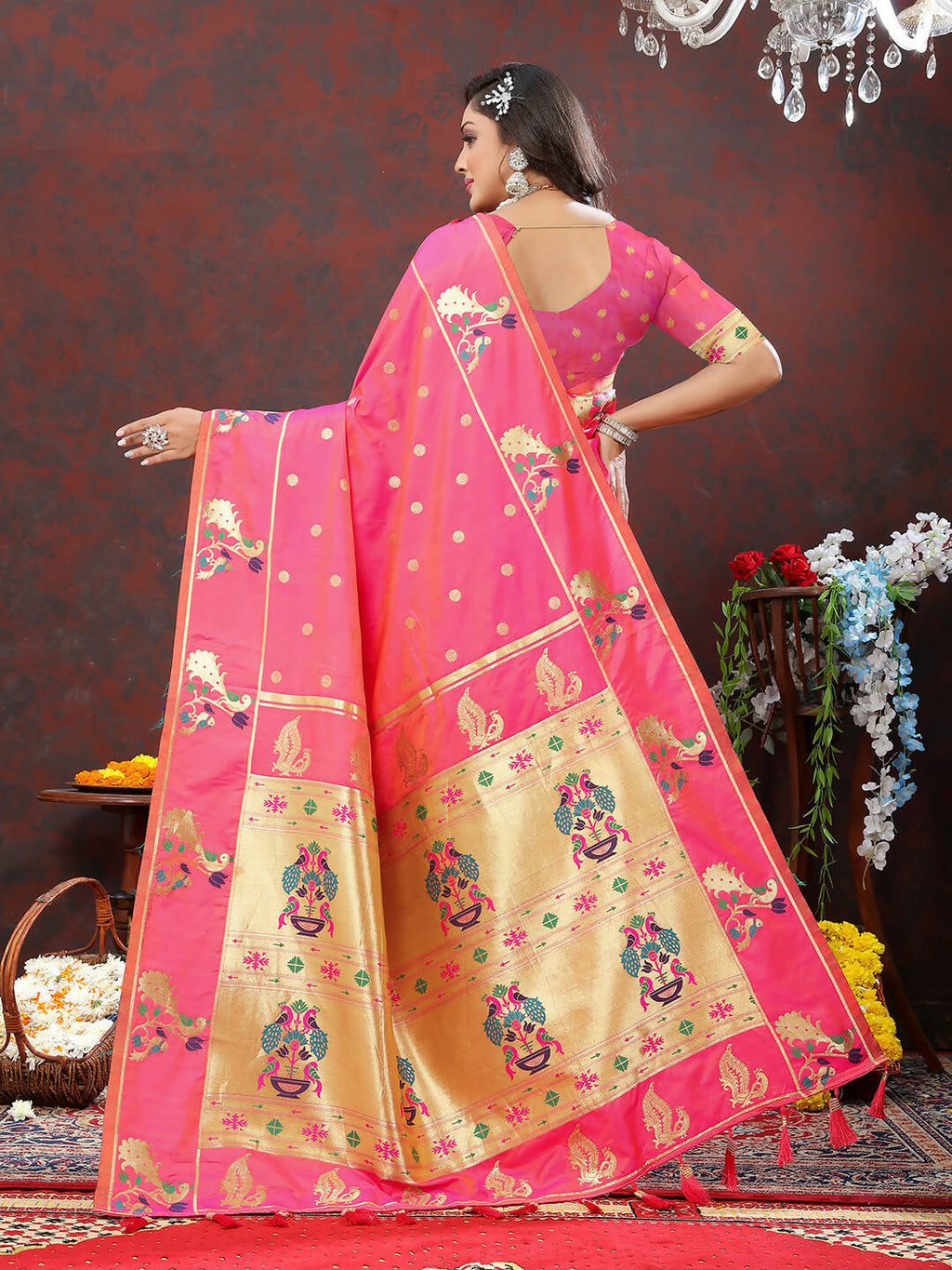 Pink Soft Paithani Silk Saree with Gold Zari Meenakari Weaving