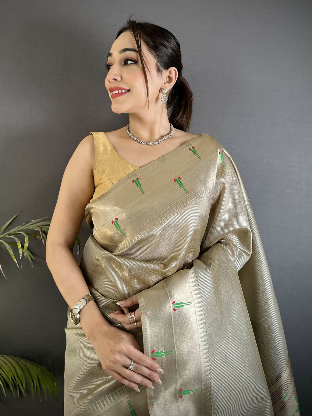 Beige Tissue Paithani Saree with Peacock and Floral Motifs