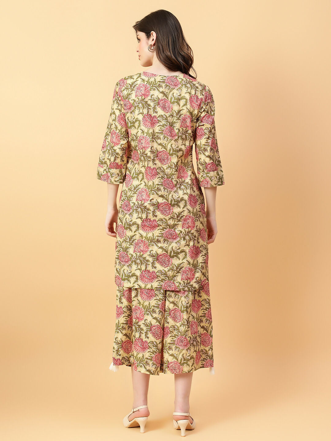 Beige Cotton Printed Hand Work Co-Ord Set for Women