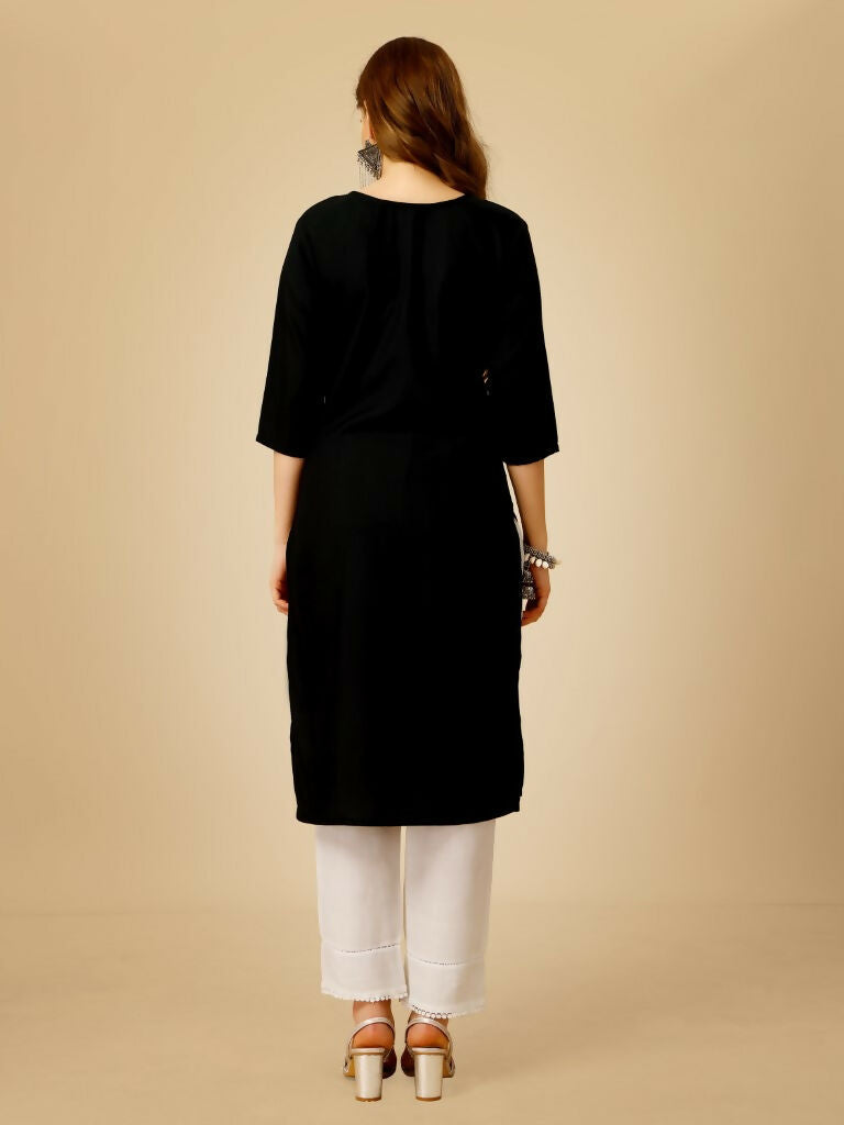 Women's Black Embroidered Cotton Blend Kurta Pant Set with Sequins