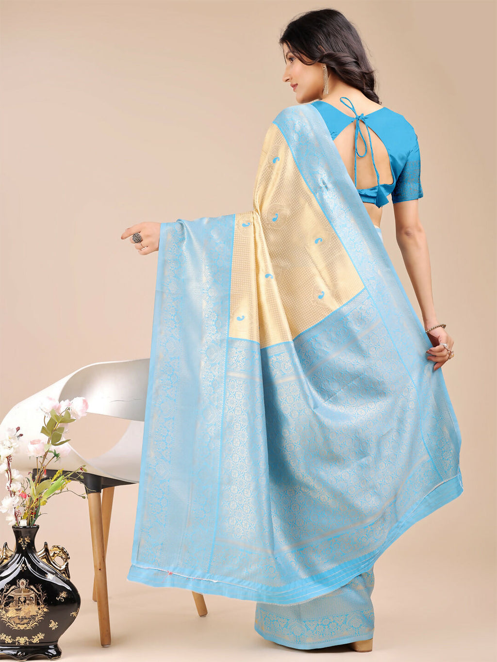 Cream and Sky Blue Banarasi Silk Saree for Elegant Occasions
