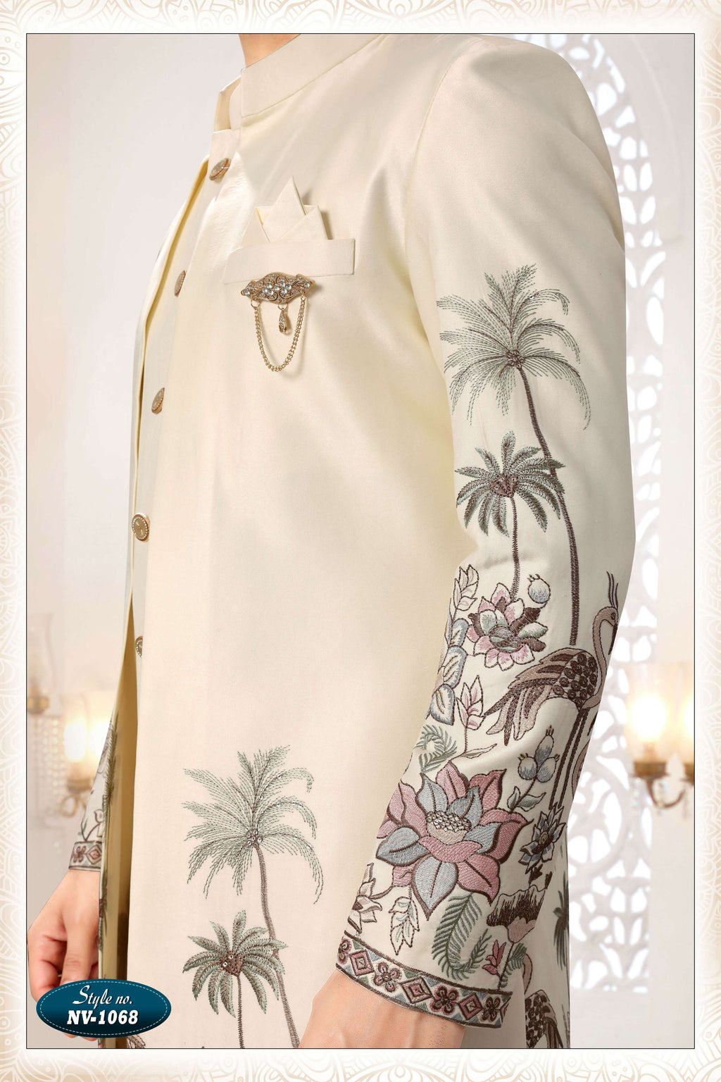 Men's Cream Silk 3-Piece Kurta Set with Thread & Sequin Embroidery