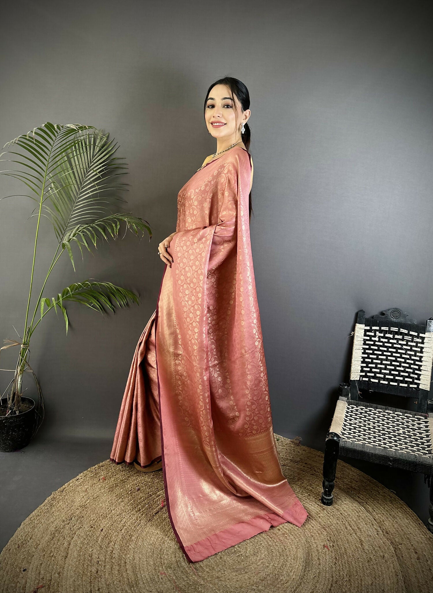 Dusty Pink Floral & Paisley Soft Satin Silk Banarasi Saree