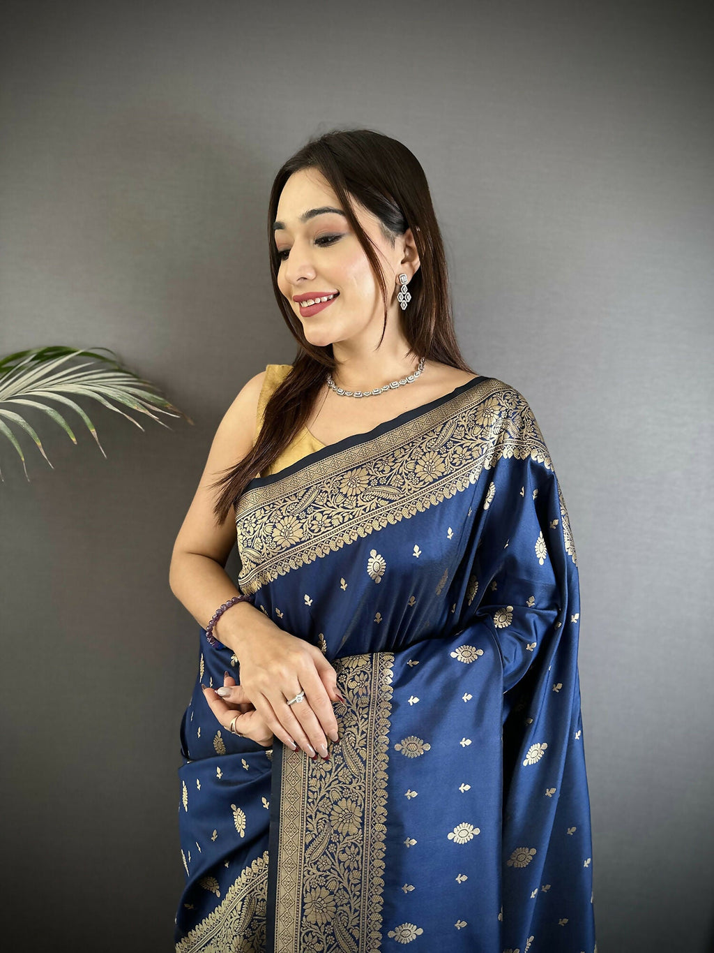 Navy Blue Lichi Silk Banarasi Saree with Zari Weaving Motifs