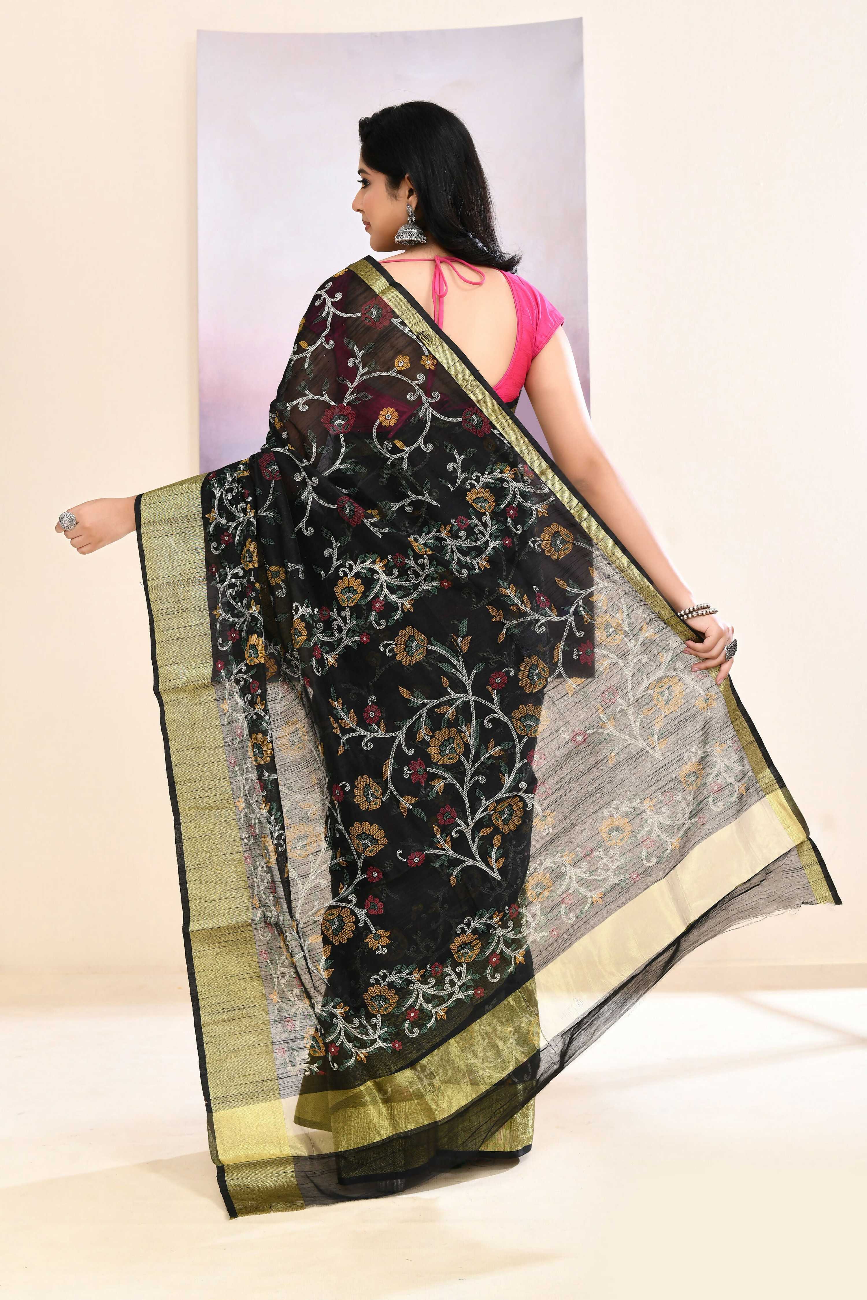 Black Embellished Cotton Blend Printed Saree