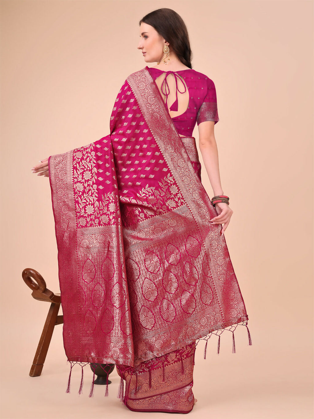 Magenta Lichi Silk Saree with Matching Blouse