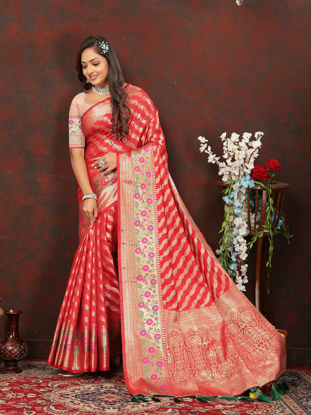 Red Leheriya Soft Silk Saree with Zari Weaving Design