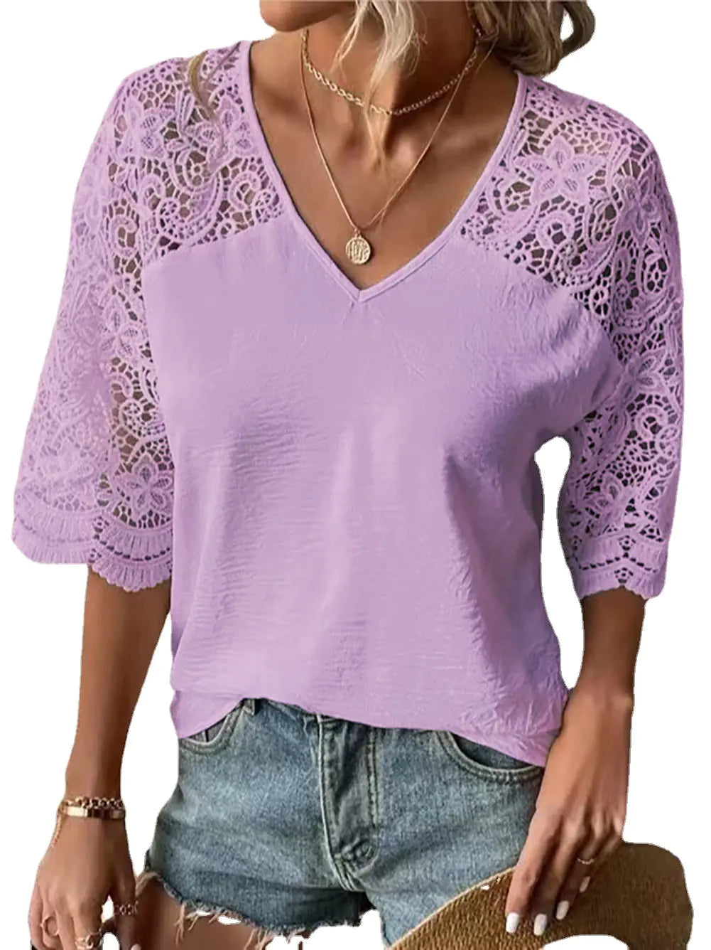 Women's V-Neck Lace Sleeve Blouse Casual Summer Top - Image 28