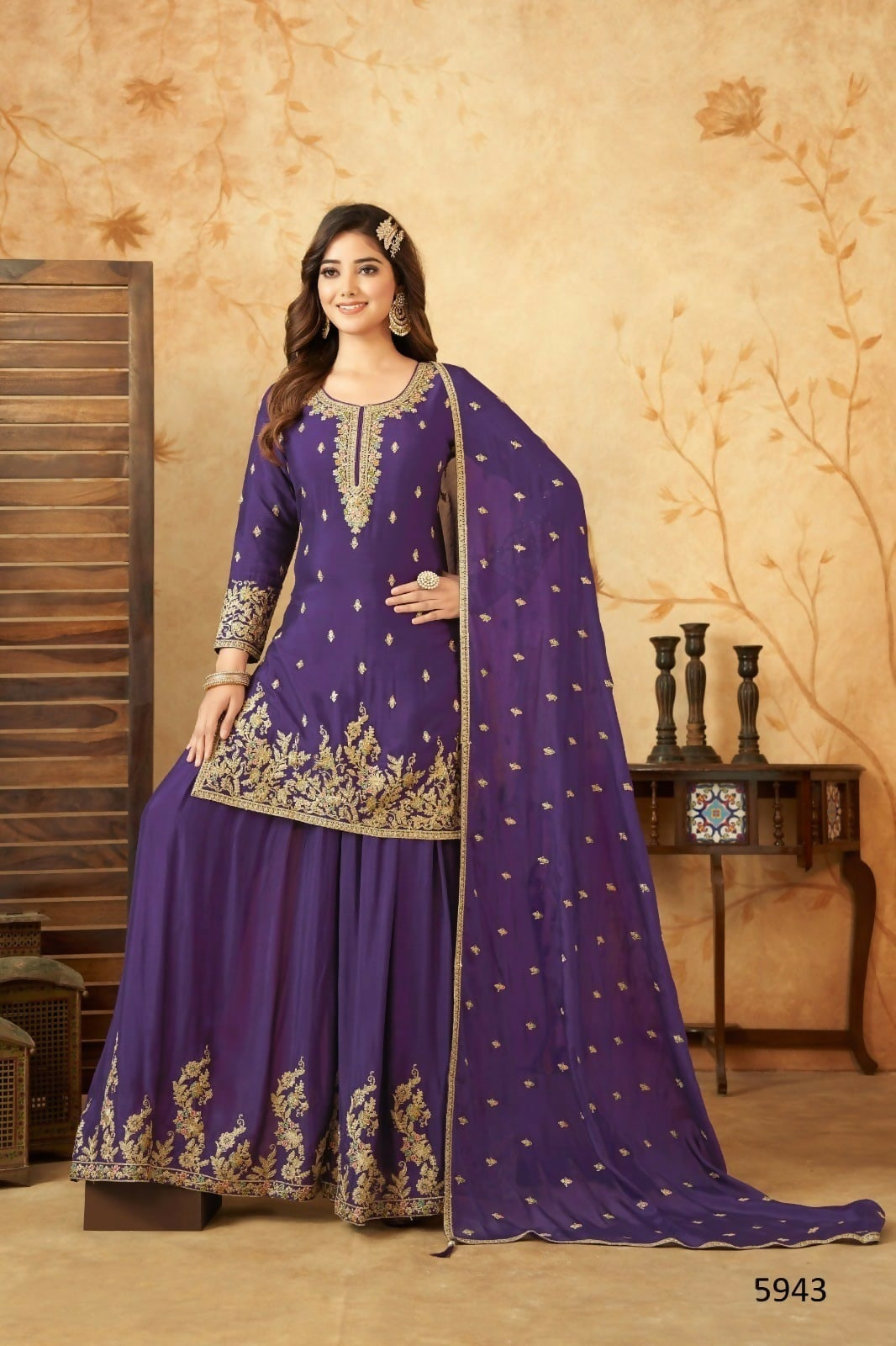 Elegant purple Chinon silk 3-piece kurta set with cotton lining