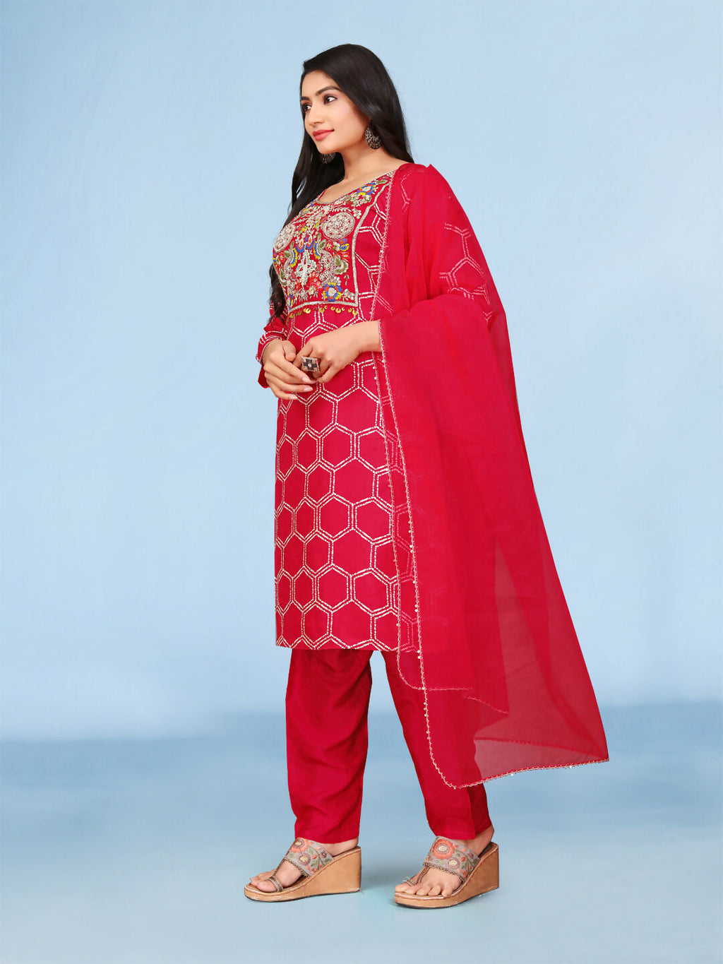 Rani Premium Pure Viscose Dola Silk Handwork Kurta Set with Dupatta