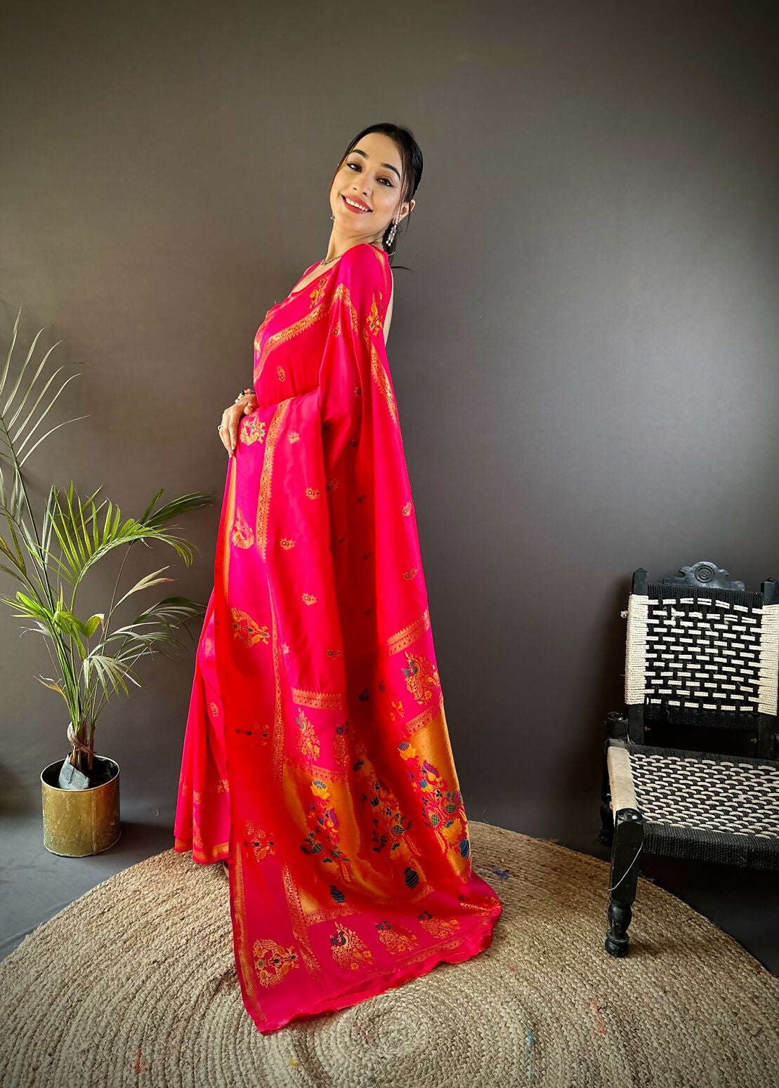 Rani Pink Meenakari Weaving Paithani Saree in Soft Silk