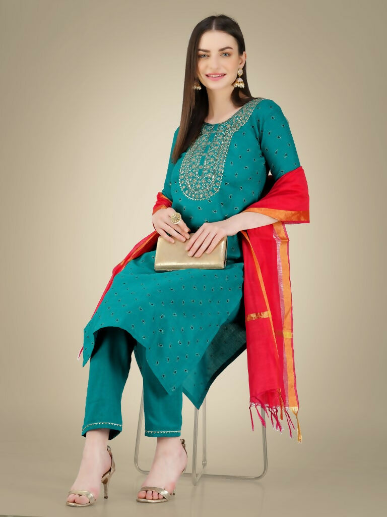 Women's Rama Cotton Magic Slub Embroidered Kurta Set with Sequins