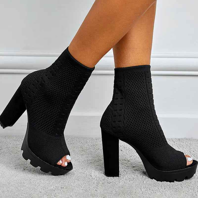Women Chunky Heel Knit Sock Booties Open Toe Platform Shoes - Image 7